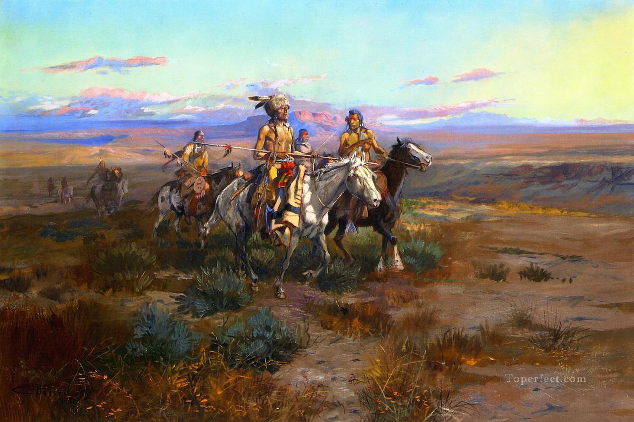 À la recherche des détails du sentier 1901 Charles Marion Russell Indiens d’Amérique Peintures à l'huile